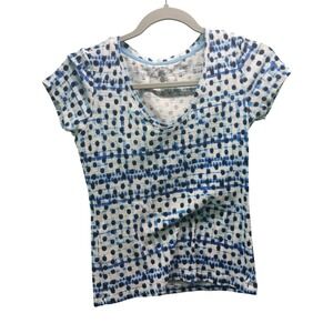 Tommy Bahama T Shirt XXS White Blue Dot Plaid Print Short Sleeve V Neck Cotton